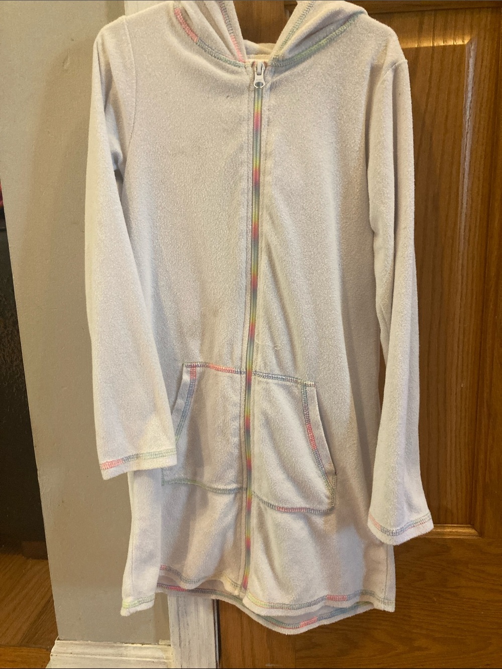 Kids White Hooded Zipper Pajama Robe with Rainbow Trim